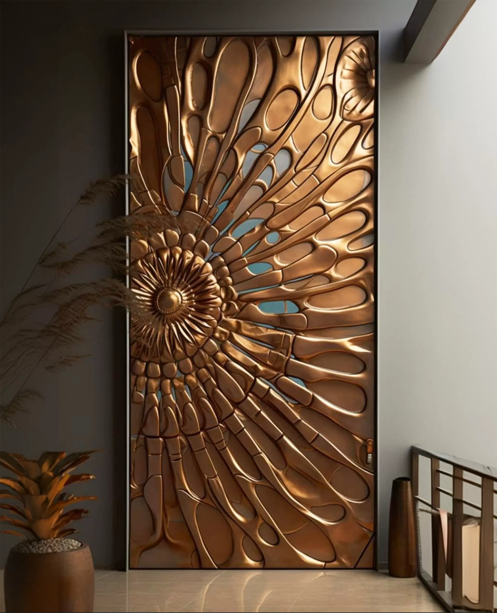 Brass filigree and glass paneling detail